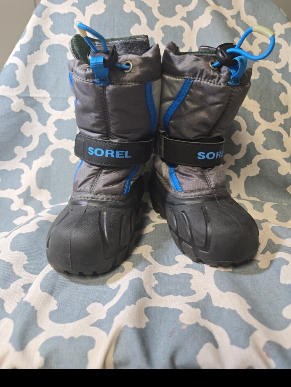 Sorel Unisex Kids Flurry TP Winter Boots Black Blue Bungee Cord Ankle Strap sz 9